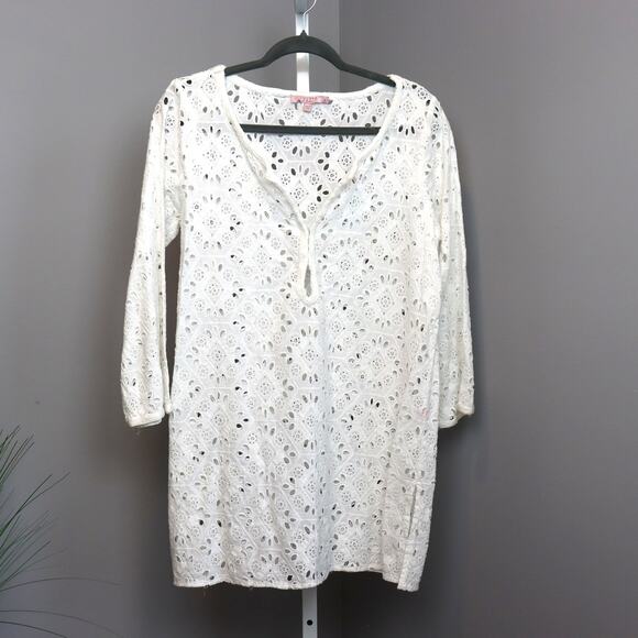 Calypso St. Barth White Eyelet Tunic Top L Boho Crochet Lace Cover-Up - Picture 1 of 3